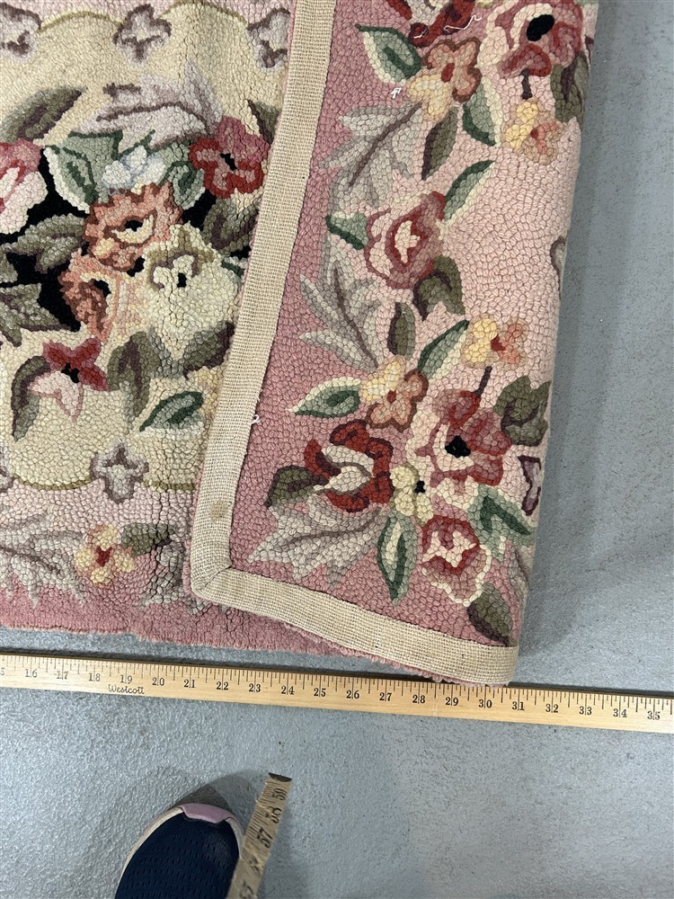 antique rug carpet scatter hooked cotton pink green floral 24x48 original 1940 