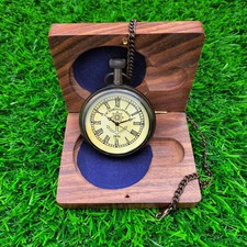 Vintage Nautical Pocket Watch Roman Numeral Dial with Chain Wooden Box