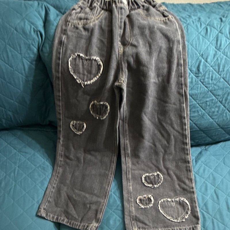 Girls Gray Medium Wash Denim Jeans Straight Leg Elastic Waist Drawstring Hearts