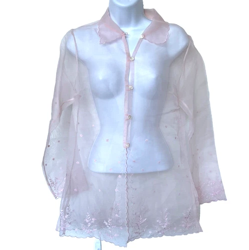 Sheer Blouse Tunic Light Pink Embroidered Button Up Floral Scallop Edges Sz L