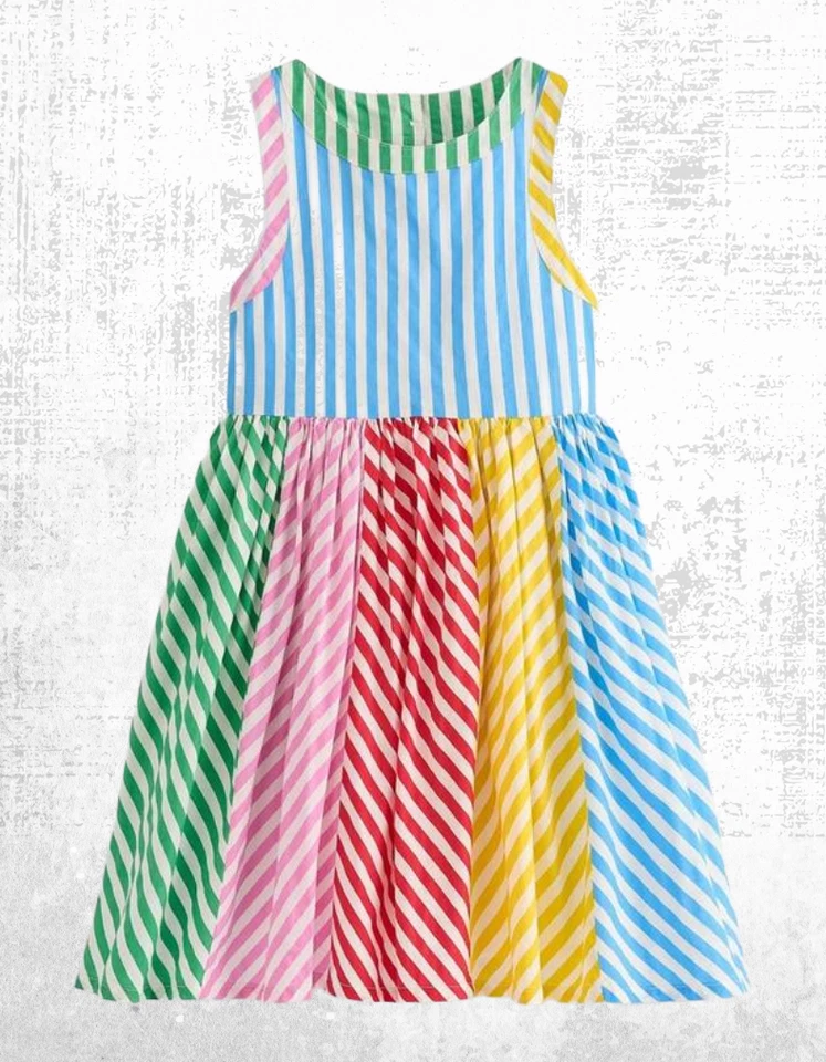 Ex Mini Boden Girl's Harlow Back Detail Dress in Hotchpotch Multi Stripe