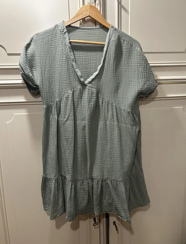 SheIn Damen Bluse Tunika M grün kariert Kurzarm V-Ausschnitt Rüsche - Bild 1 von 2