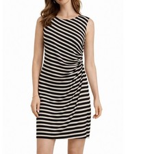 LOFT Womens Dress Sheath Striped Ruched Sleeveless Career Black Cream S
