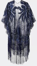 JOE BROWNS - NAVY BLUE SEQUIN FRINGED KIMONO BOHO HIPPIE FESTIVAL - ONE SIZE NWT