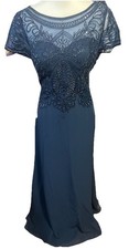 NWT JJ  s House Navy Blue Beaded Lace Chiffon Formal Gown Short Sleeve Size 10