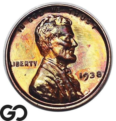 1938 Lincoln Cent Wheat Penny, Rainbow PROOF, Gem PR++
