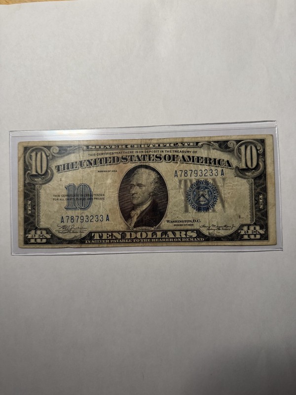 1934 $10 Silver Certificate – Blue Seal – Circulated Condition