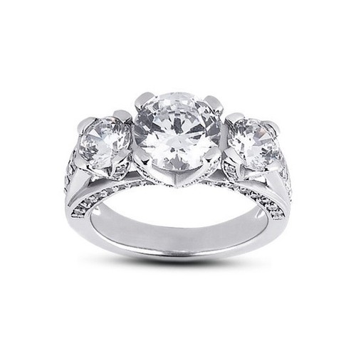 3 1/4ct D SI1 Round Natural Diamonds 18kw Gold Vintage Style Three-Stone Ring - Picture 2 of 3