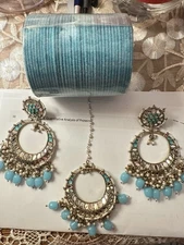 Ethnic SilverBaby blue Jhumka Set with Maang tikka And 2.6 size Bangles