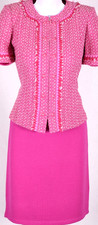 ST.JOHN Women's Tweed Pink White Fringed Trim Jacket & Pink Skirt Sz 6