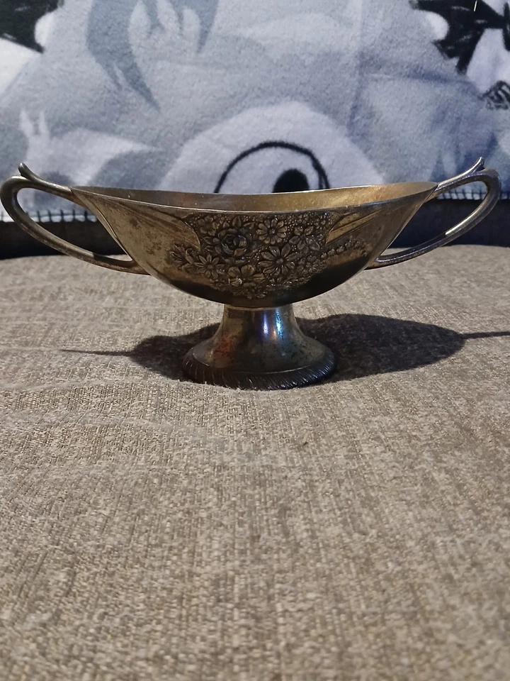 Heavy Silver Metal Oblong Pedestal Bowl With Handles Has Maker Stamp On Bottom. - Image 2 of 4