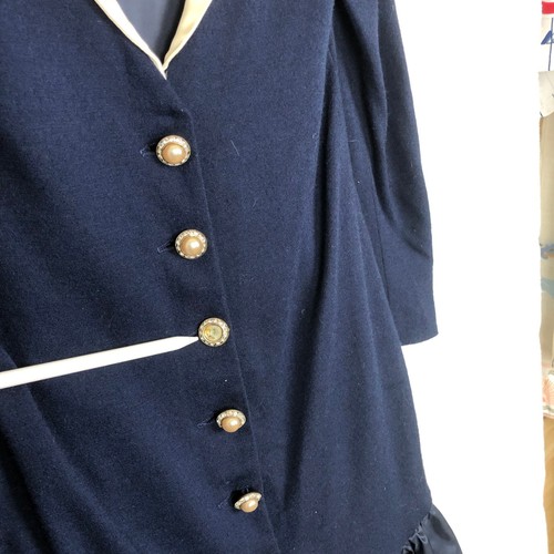 VTG 80s Victor Costa Navy Wool Midi Dress Sz 6 Gold Button Drop Waist Tulle - Picture 14 of 14