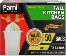 Extra-Strong 13 Gallon Unscented Tall Kitchen Garbage Bags with Drawstring, for