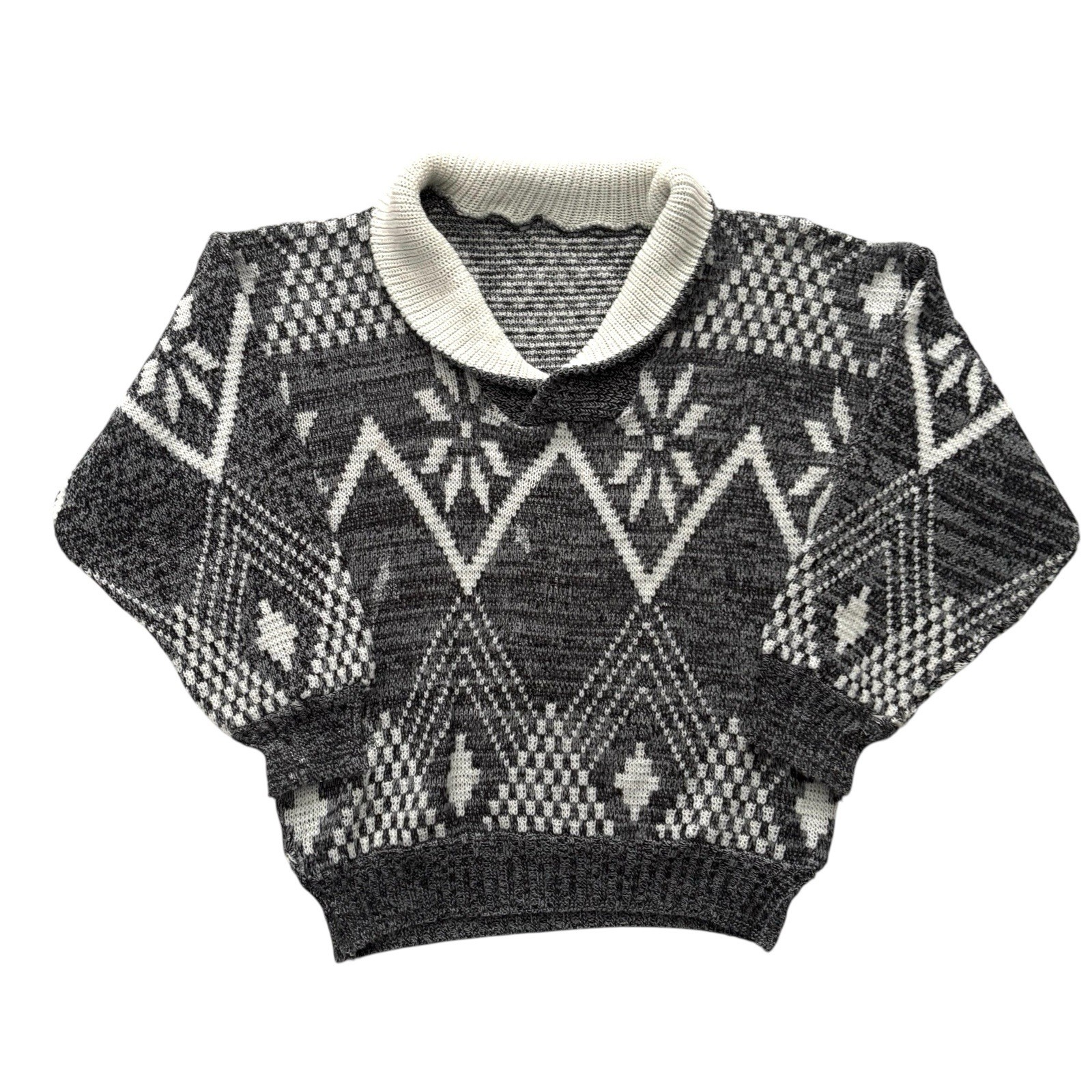 Mens Vintage 80s Jumper Grey Patterned Collared Retro Indie Medium 40" image 2