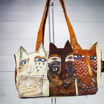 Laurel Burch Tres Gatos Shoulder Hand Bag Purse Three Cats Cotton Zip Top Brown