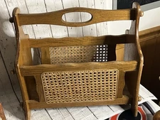 Vtg MCM Wood Woven Wicker Rattan Cane Magazine Book Vinyl Record Rack Holder