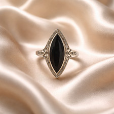 Sterling Silver Ring with Black Onyx and Marcasite, Size 7