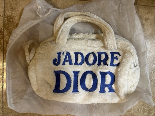 Authentic Vintage Christian Dior “J’ADORE” Terry Cloth Bag - Blue Embroidered