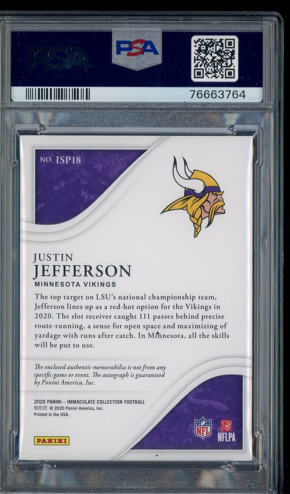 2020 Panini Immaculate Justin Jefferson RPA RC Patch AUTO 9/99 PSA 9 MINT view 2