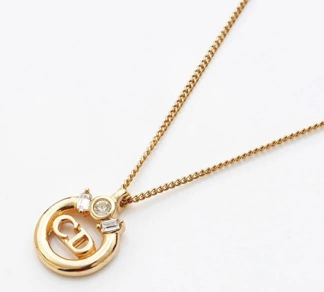 Collana Christian Dior CD Logo Cerchio Strass Tono Oro Catena Ciondolo 15 4 pollici