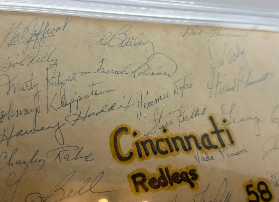 1958 Cincinnati Reds team signed cut slab auto PSA/DNA 8x10 - Image 2 of 3