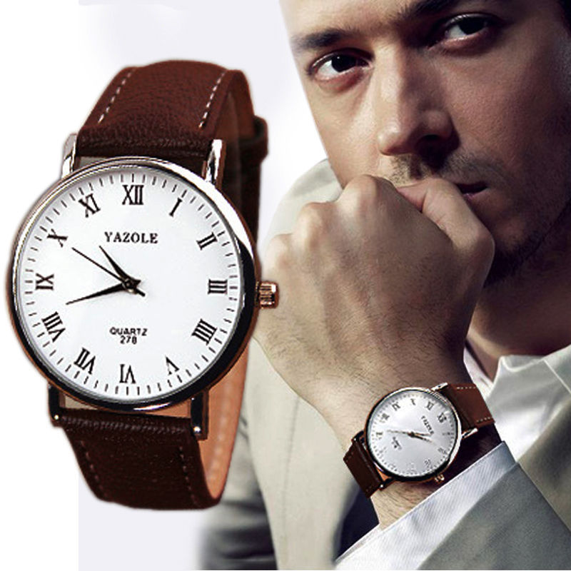 Men`s Fashion Business Silver Case Quartz White Dial Brown Band Wristwatch.