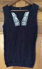 Talbots Sleeveless Navy Blue Sweater Top White Beaded Trim Small VGC!