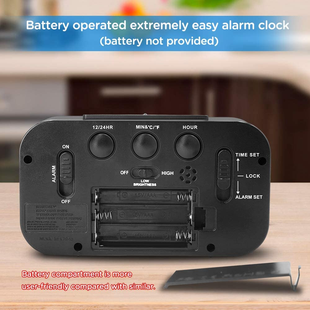 Digital Alarm Clock LCD Snooze Thermometer Night Light Battery Desk Small Black