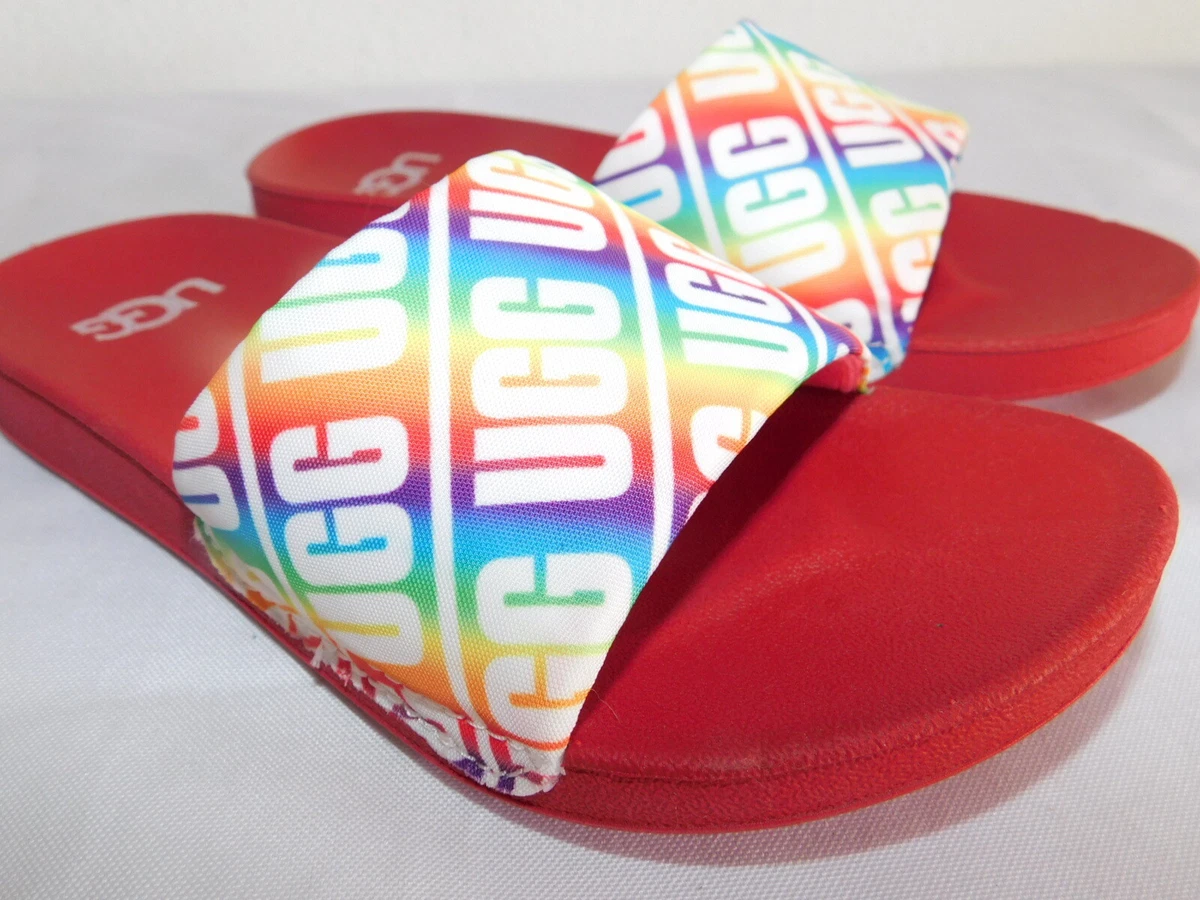 NEW KIDS SIZE 13 RAINBOW RED UGG BEACH SLIDES SLIPPERS SANDALS