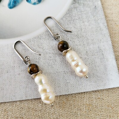 Pearl and tiger s eye earrings