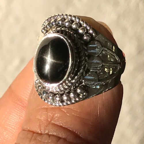 Art Deco Genuine Black Star Diopside 925 Solid Sterling Silver Ring 7.5 - Picture 5 of 6
