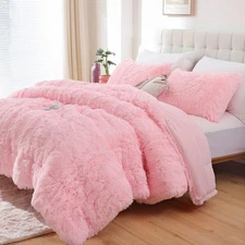 Smoofy Fluffy Queen Comforter Set, Faux Fur Pink Comforter Set Queen Size, Lu...