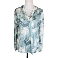 Cynthia Rowley S 100% Linen Long Sleeve Blue Tie Dye Lightweight Hooded Tee
