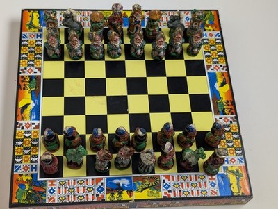Hand-Painted Folk Art Chess Set 32 Pieces + Decorative Box Board   Read Desc