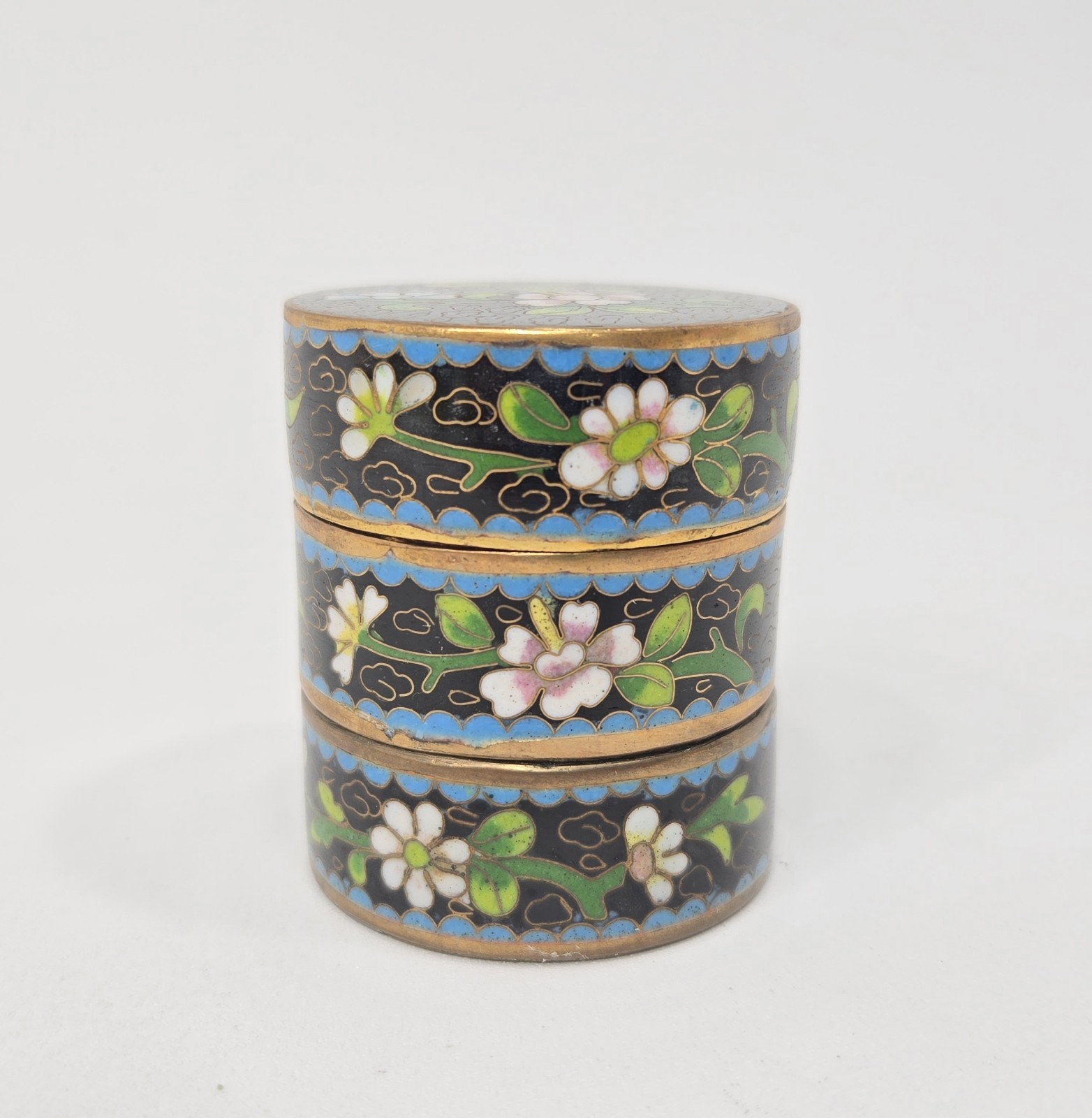 Vtg Chinese Cloisonné Black 3 Piece Stacking Trinket Jewelery Stash Round Box