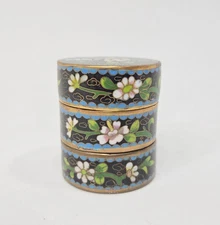 Vtg Chinese Cloisonné Black 3 Piece Stacking Trinket Jewelery Stash Round Box