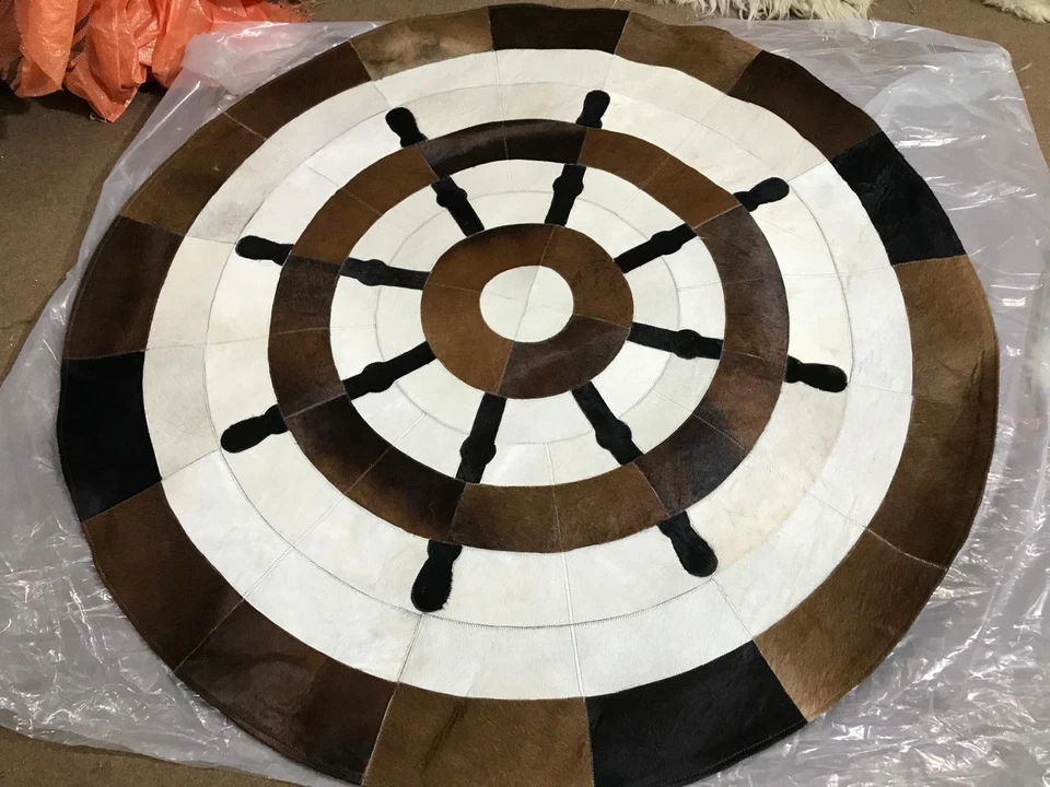 Round Cowhide Patchwork Rug – Nautical Ship Wheel Design | Handmade Leather Area - Image 4 of 4