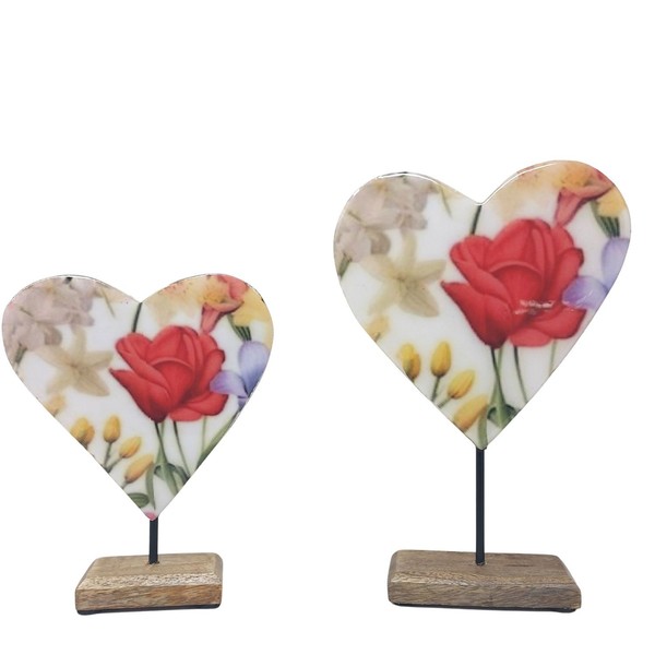 2Er Set Dekoobjekte Herzen Blumenmeer Auf Fuß 18 + 24Cm Mangoholz Formano F26-image
