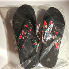 Women's Black/Pink Slip-On Flip Flop Sandals Bow Accent Floral Cotton Blend US 8