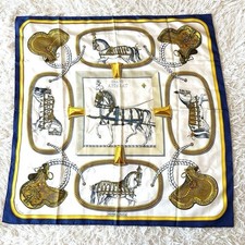 Hermes Silk Carre 90 Scarf Grand Apparat Dressed Horse Design White Navy Gold