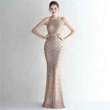 Hot Elegant Gold Sequins Dress Evening Party Women Long Formal Team Prom Dresses