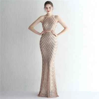Elegant Gold Sequins Dress Evening Party Women Long Formal Evening Prom  Dresses | eBay