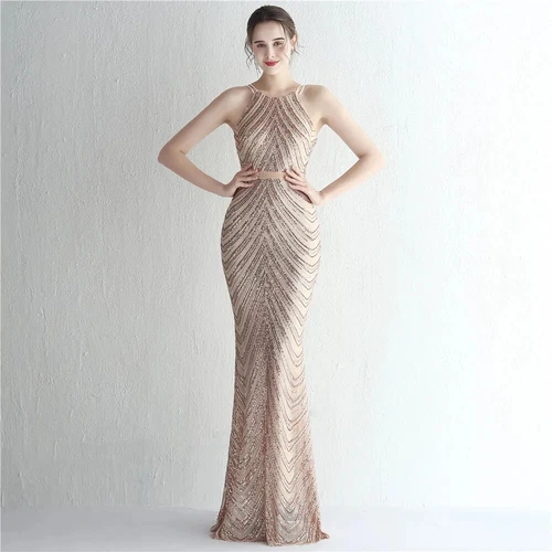 Elegant Gold Sequins Dress Evening Party Women Long Formal Evening Prom Dresses - Picture 2 of 30