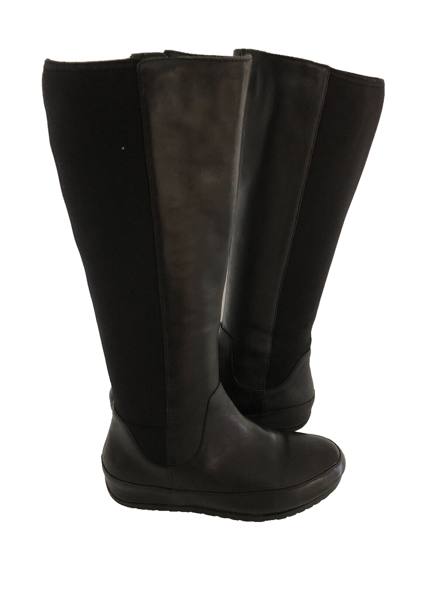 FITFLOP SUPERBOOT Black Leather Stretch Tall Full Zip Wedge Boots