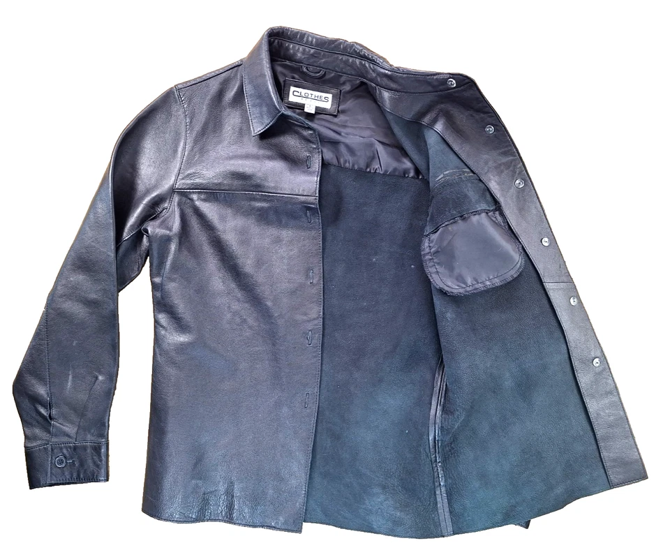Clothes Revue 100% Soft Lambs Leather Shirt Jacket Coat Womens Size 8 Black - Image 2 of 4