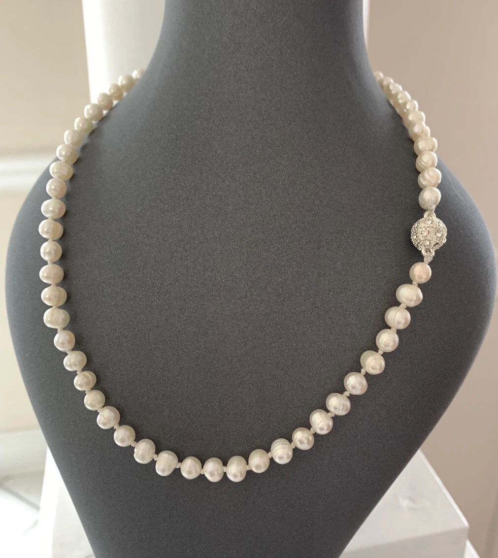 Genuine Pearl Necklace with Crystal Ball Magnetic Clasp Hand Knotted On Silk