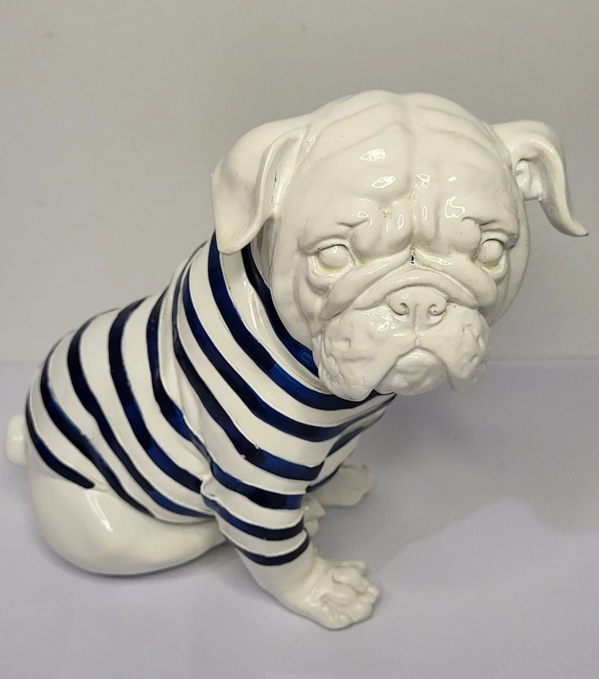 Statue Chien Bouledogue Français Blanc Et Marinière Bleue En Résine - Photo 2/4