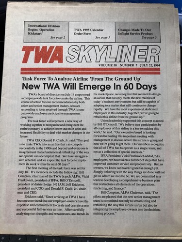 TWA Skyliner Employee Newsletter July 22, 1994 - Airline - 第 1/2 張圖片