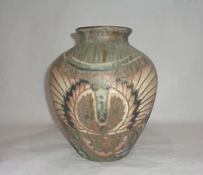 Folk Art Handpainted Indigenous Artistic Earthtone Pottery Vase Bird Wing Motif