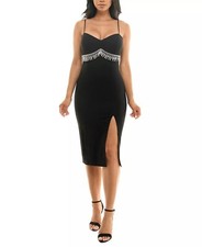 EMERALD SUNDAE Juniors' Scuba-Crepe Rhinestone-Fringe Bodycon Dress Size L $69